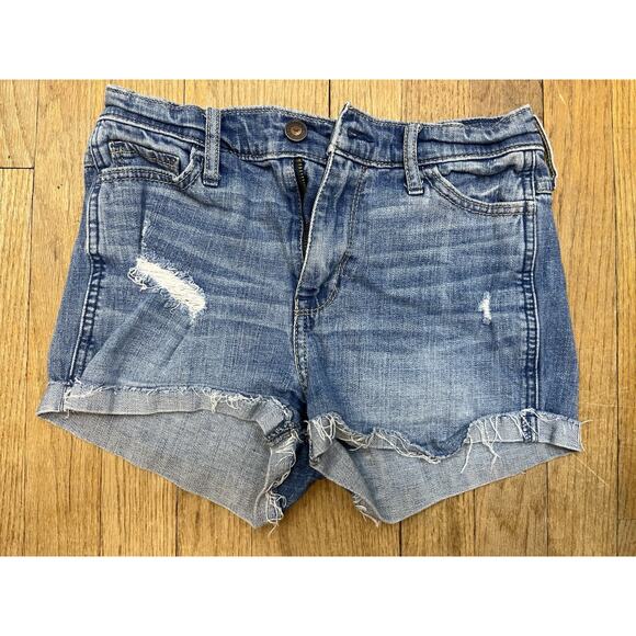 Hollister High Rise Short Shorts Paisley Pockets Distressed Jean Denim Size 0 - Picture 1 of 3